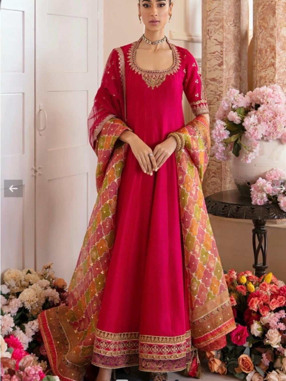 Bright Fuchsia Maxi Anarkali Dress with Embroidered Neckline